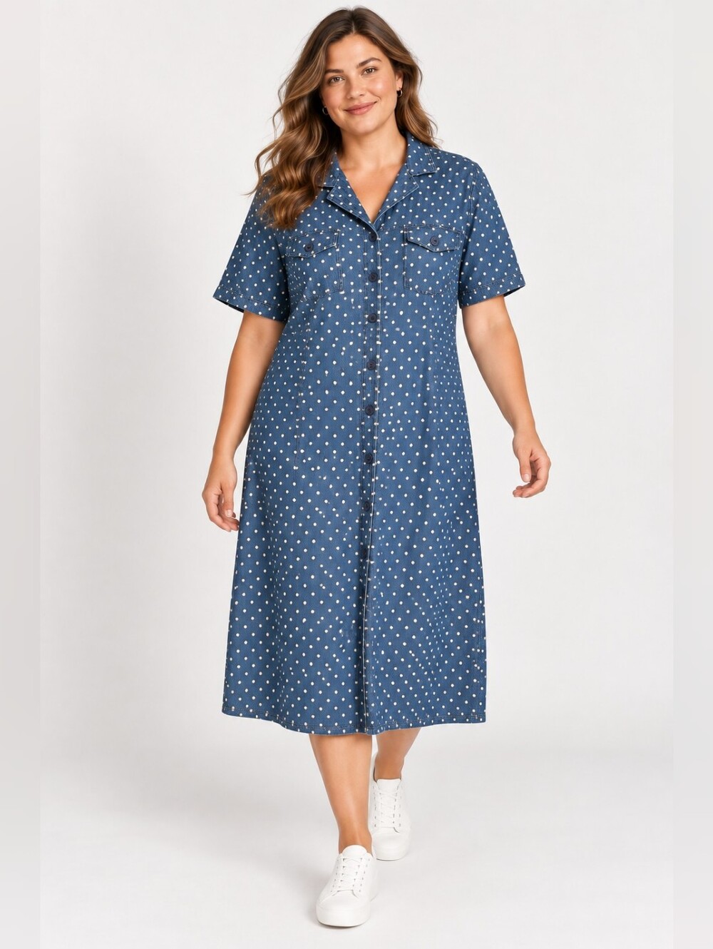 Vintage Anna Maxwell Polka Dot Denim Jean Shirt Dress Womens 1X 18/20 Blue White